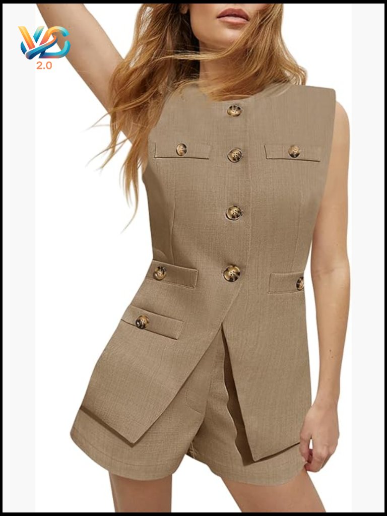 Sleeveless Blazer Vest Shorts Set, 2-Piece Polyester Matching Outfit